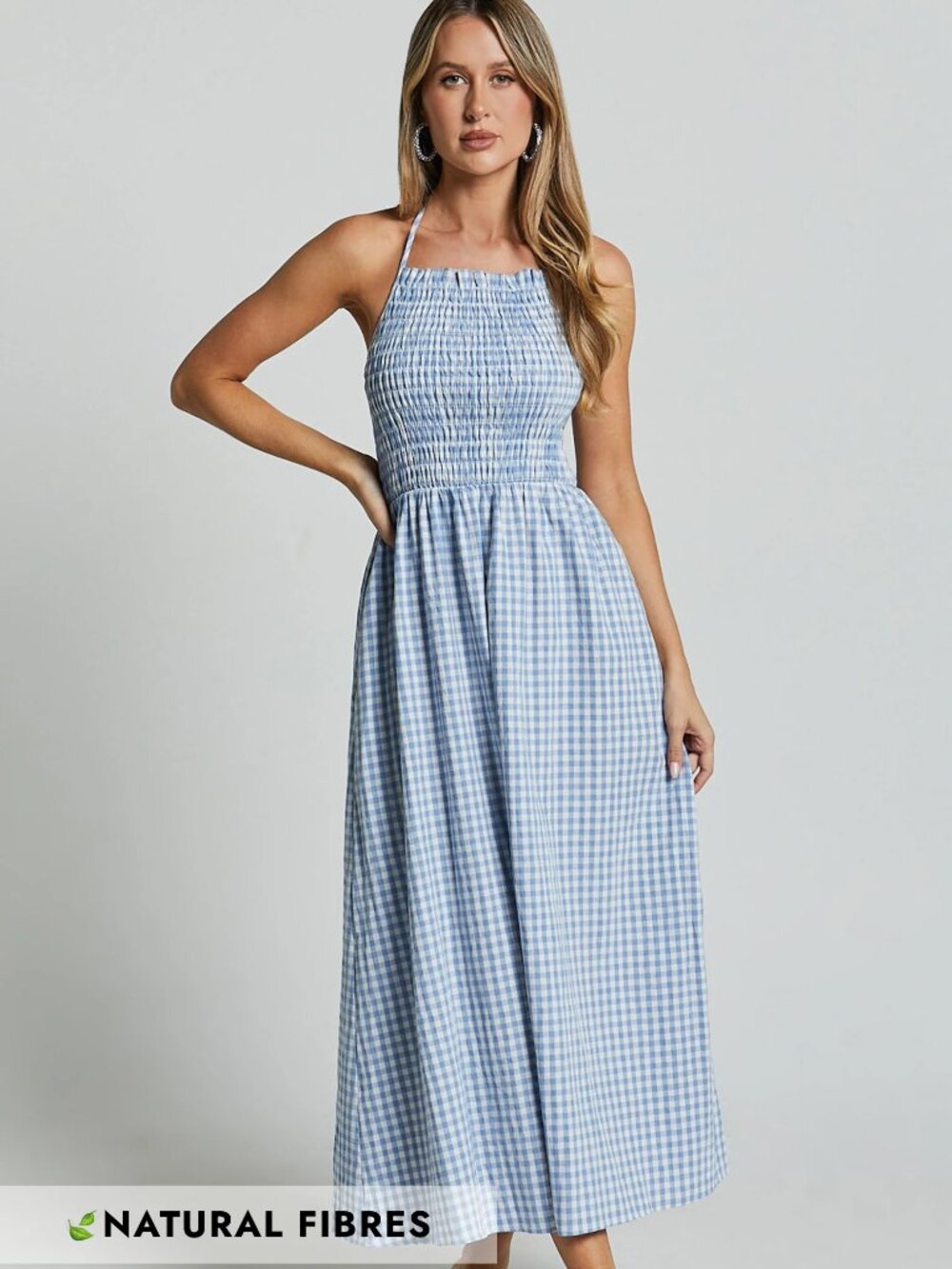 NWT Showpo Aimie Sz 6 Blue Gingham Check Strappy Halter Midi Dress